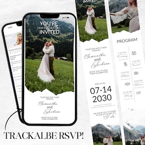 Plantilla de invitación de boda digital animada de Canva, personalizada con fotos, formulario de confirmación de asistencia de Google, enlaces a mapas, registro y cronograma completo del programa (WI43)
