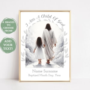 Gesù e una ragazza con capelli castano scuro, stampa della data e del nome del battesimo della Chiesa, arte della parete Sono un figlio di Dio, regalo del padrino, decorazione del battesimo della Chiesa BG04 1