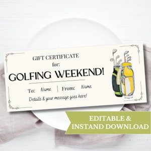 Plantilla de certificado de regalo para viaje de golf sorpresa, regalo de viaje sorpresa, cupón imprimible de golf para cumpleaños sorpresa, regalo de golf personalizado para él