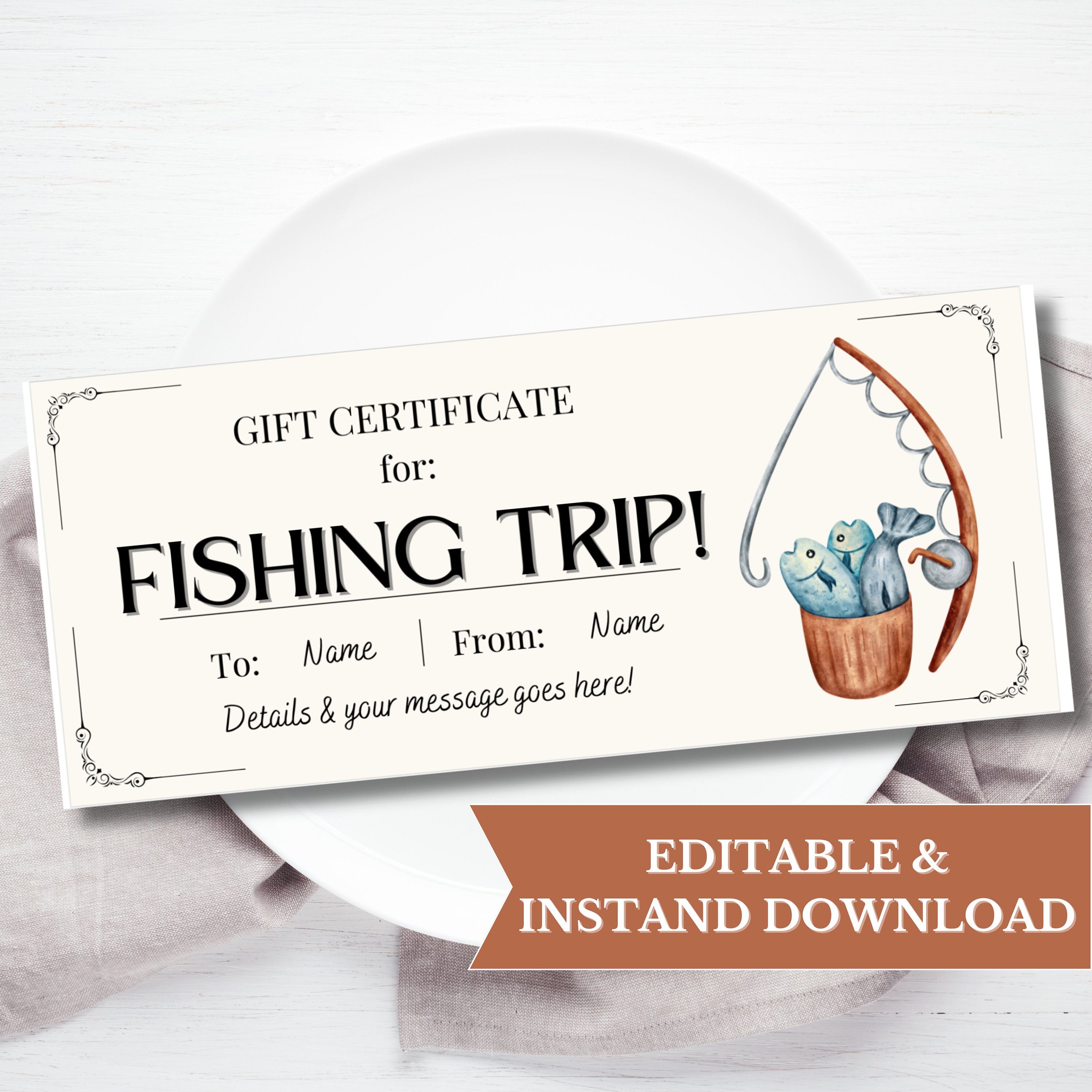 Editable Fishing Trip Gift Certificate Template, Outdoor Experience Editable Fishing Trip Gift Certificate Template, Outdoor Experience