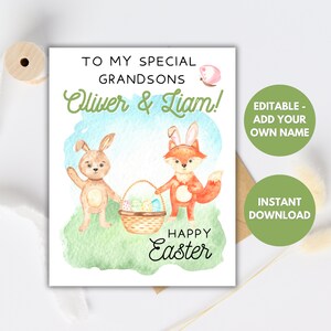 Tarjeta personalizada de Felices Pascuas para nietos, sobrinos, hijos. Tarjeta de felicitación de Pascua imprimible para niños, Tarjeta de animales en acuarela