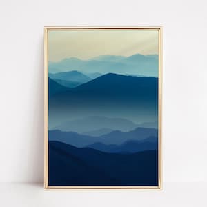Blue Skies and Mountains Printable Wall Art, Digital Nature Landscape Print, Minimalist Mountain Scene YTP07