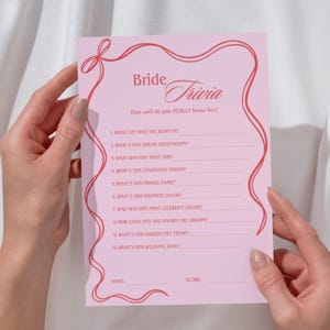 Bride Trivia Game, Fun Printable Bachelorette Quiz About the Bride, Bridal Shower Party Questions, Pink Editable Whimsical Coquette G02-5