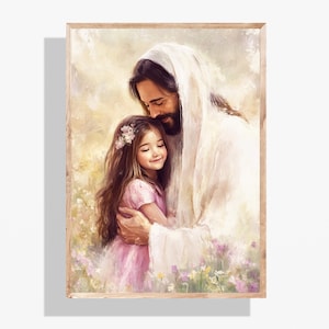 Jesus Holding Girl Printable, LDS Baptism Day Gift for Her, Christian Hug Art, Savior and You Modern Bible Wall Decor Confirmation P383