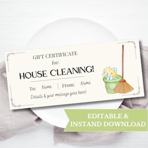 Plantilla de certificado de regalo para limpieza de casa, vale de regalo imprimible para mamá primeriza, cupón de regalo editable para inauguración de la casa, regalo de última hora para una casa nueva