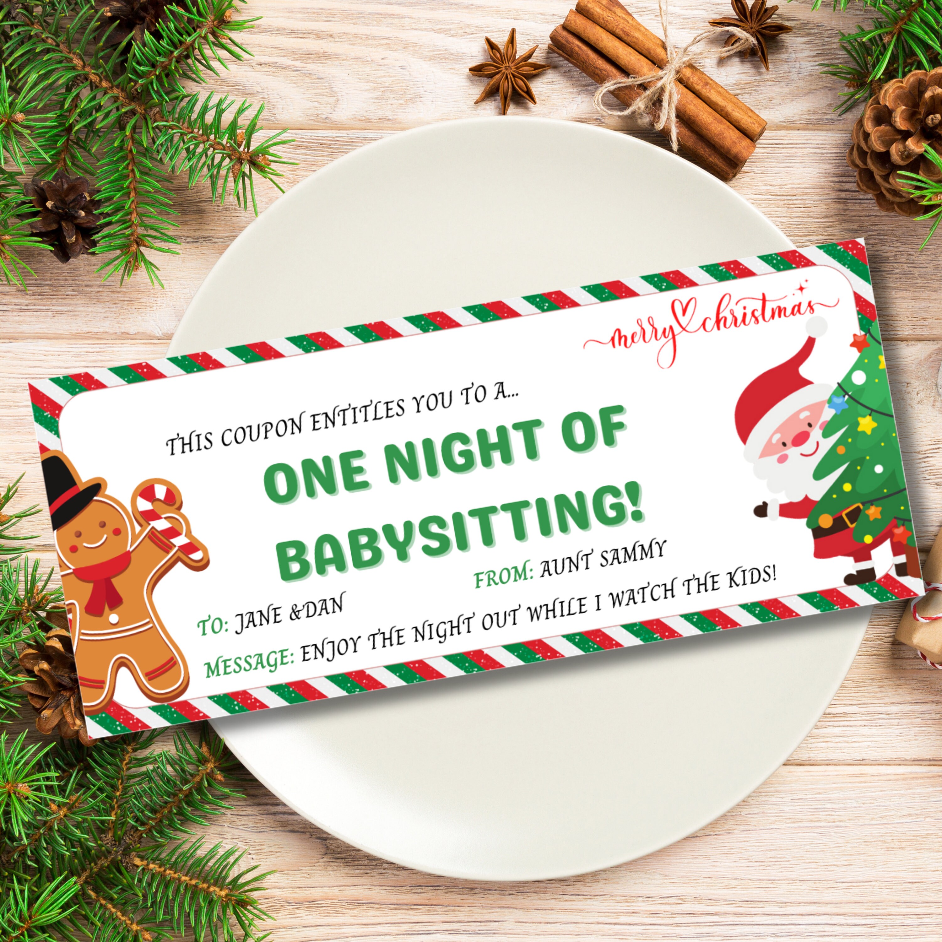 Christmas Babysitting Voucher, Custom Babysitting Coupon Template
