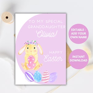 Carte imprimable de Pâques personnalisée, carte de voeux de lapin de Pâques à téléchargement immédiat, carte de Pâques pour les enfants - cadeau petite-fille, petit-fils, nièce