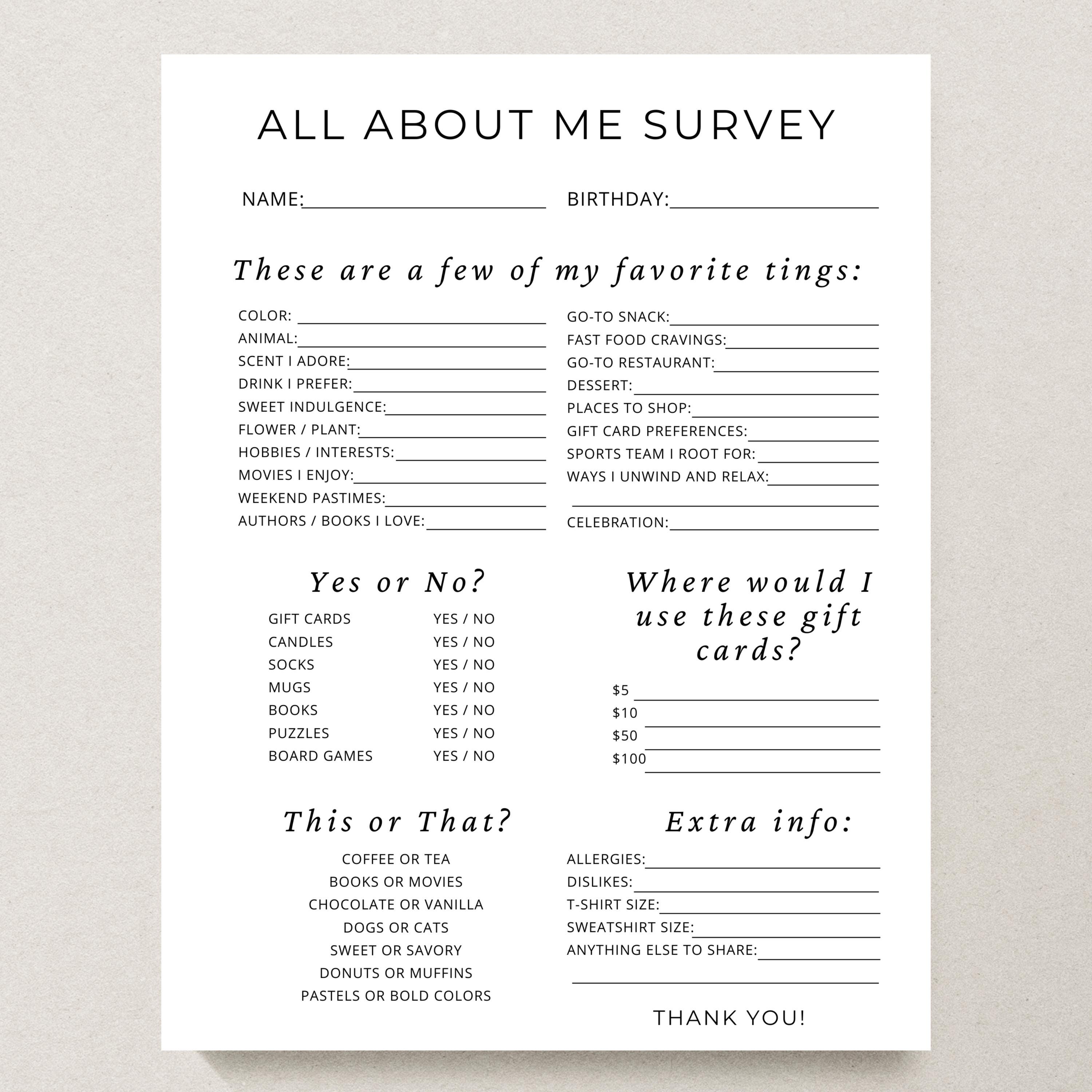 Editable All About Me Survey Printable, Getting To Know You Coworker Questions, Workplace Gift, My Team Employee Favorite Things List DOC01