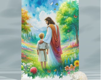 Jesus Walking With Boy Watercolor LDS Baptism Gift Wall Art Print, I Walk By Faith, I am a Child of God, Religious Spiritual Painting I04