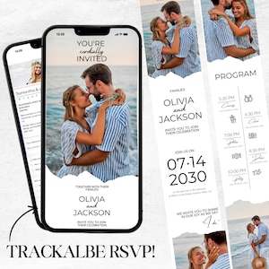 Invitación de boda digital con seguimiento de RSVP, programa, lista de regalos, mapa de ubicación de la ceremonia y la recepción, plantilla editable de Canva WI39