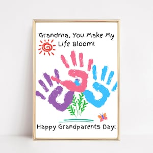 Ramo de flores artesanal para el Día de los Abuelos, arte con huellas de manos para la abuela Nana, regalo imprimible para niños o preescolares, idea de tarjeta DIY H13-18