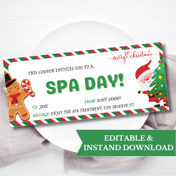 Christmas Spa Day Gift Coupon template, men spa gift voucher, christmas spa gift, spa gift for her, massage gift, xmas gifts for wife coupon