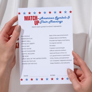 American Symbols Match-Up Game with Answers, Printable USA History Activity, 4th of July Educational Game for Kids, Teens, Students G3-08