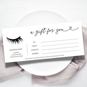 Modello di buono regalo per extension ciglia MODIFICABILE, buono regalo Lash Tech stampabile, buono regalo estetista minimalista elegante 133