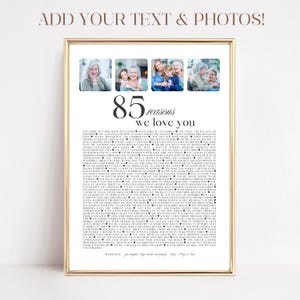 Bewerkbaar 85e verjaardagscadeau voor opa, vader, moeder en oma - afdrukbare poster 85 redenen waarom we van je houden, cadeau voor vrouw, cadeau voor man Ideeën P60
