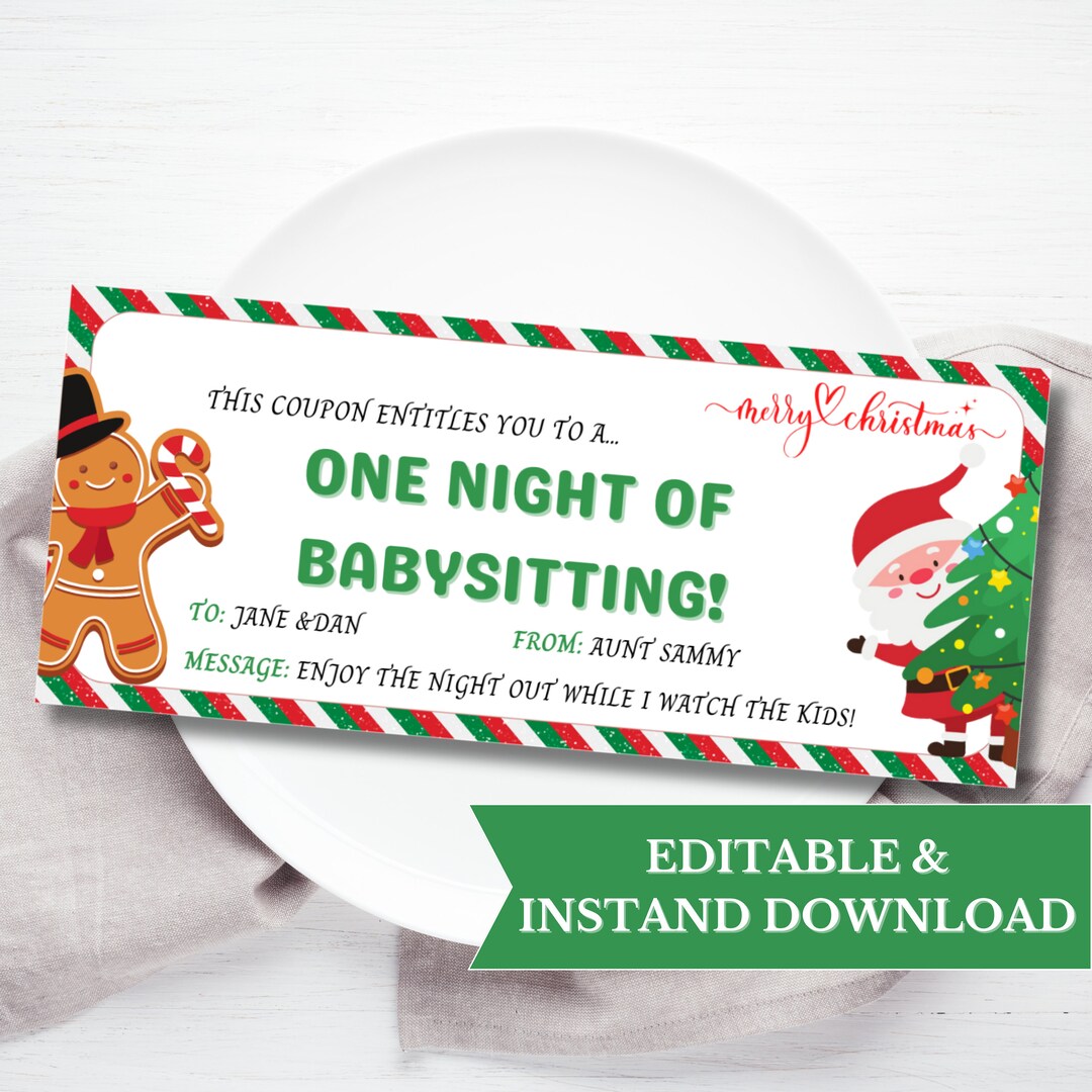 Christmas Babysitting Voucher, Custom Babysitting Coupon Template