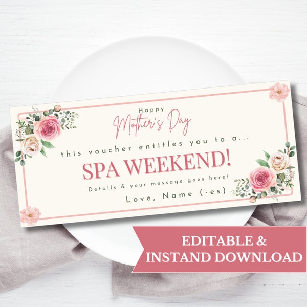 Mother's Day SPA Weekend Gift Certificate Template Editable, Mom Gift Ideas Surprise SPA Gift For Her Voucher Printable, Last Minute Gift