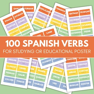 Spanish Verb Chart 100 Most Used Spanish Verbs, Homeschool & Classroom Printable Gift Teacher, Educational Learning Digital Download SP15
