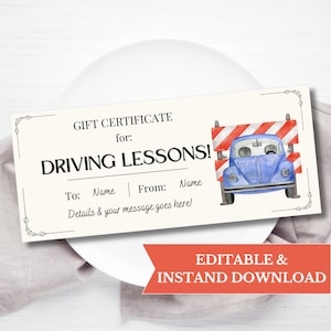 Plantilla de certificado de regalo de lecciones de conducción editable, vale de regalo de cumpleaños número 16 imprimible, cupón de regalo de último minuto para nuevos conductores adolescentes