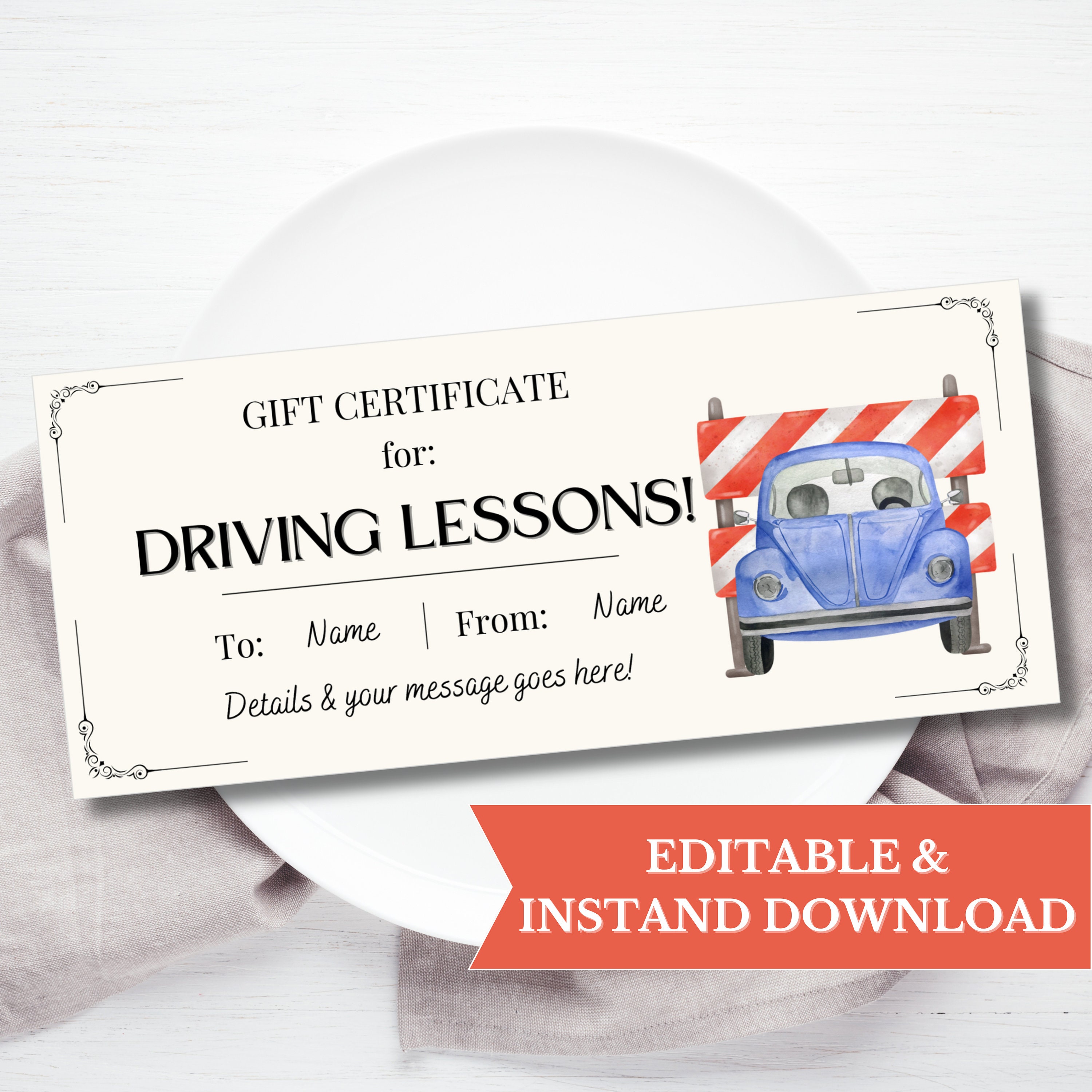 Driving Lessons Gift Certificate Template Editable, 16th Birthday Gift