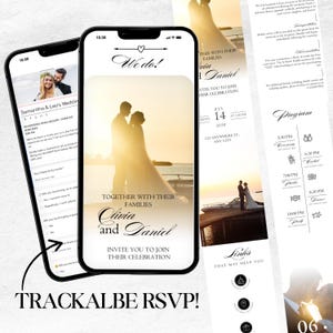 Ofrecemos invitaciones de boda digitales en línea con confirmación de asistencia rastreable, enlaces interactivos a las ubicaciones de la ceremonia y recepción, registro de regalos y formulario de confirmación de asistencia WI31.