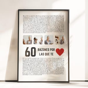 Regalo de Cumpleaños 60, Regalo Personalizado para Mujer y Hombre, 60 Razones por las que Te Queremos, Regalo Aniversario para Mamá P147