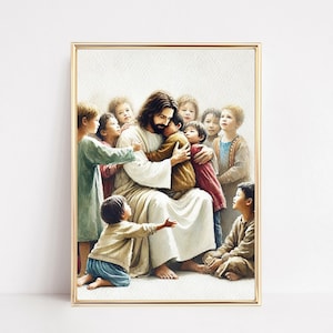 Jesus mit Kindern Aquarell Digitaldruck, Jesus liebt dich, ich gehe durch den Glauben, komm und folge mir, ich bin ein Kind Gottes, LDS Printable P25