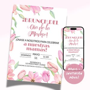 Invitación Celebración Dia de La Madre, Spaanse Moederdaguitnodiging, Invitación para brunch del Día de la Madre, tulipanes florales IN09