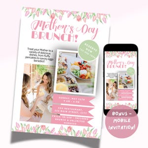 Edytowalna ulotka na brunch z okazji Dnia Matki, DIY Flower Tulip Event, prezent na brunch dla mamy, szablon do wydruku, natychmiastowe pobranie IN10 DIY