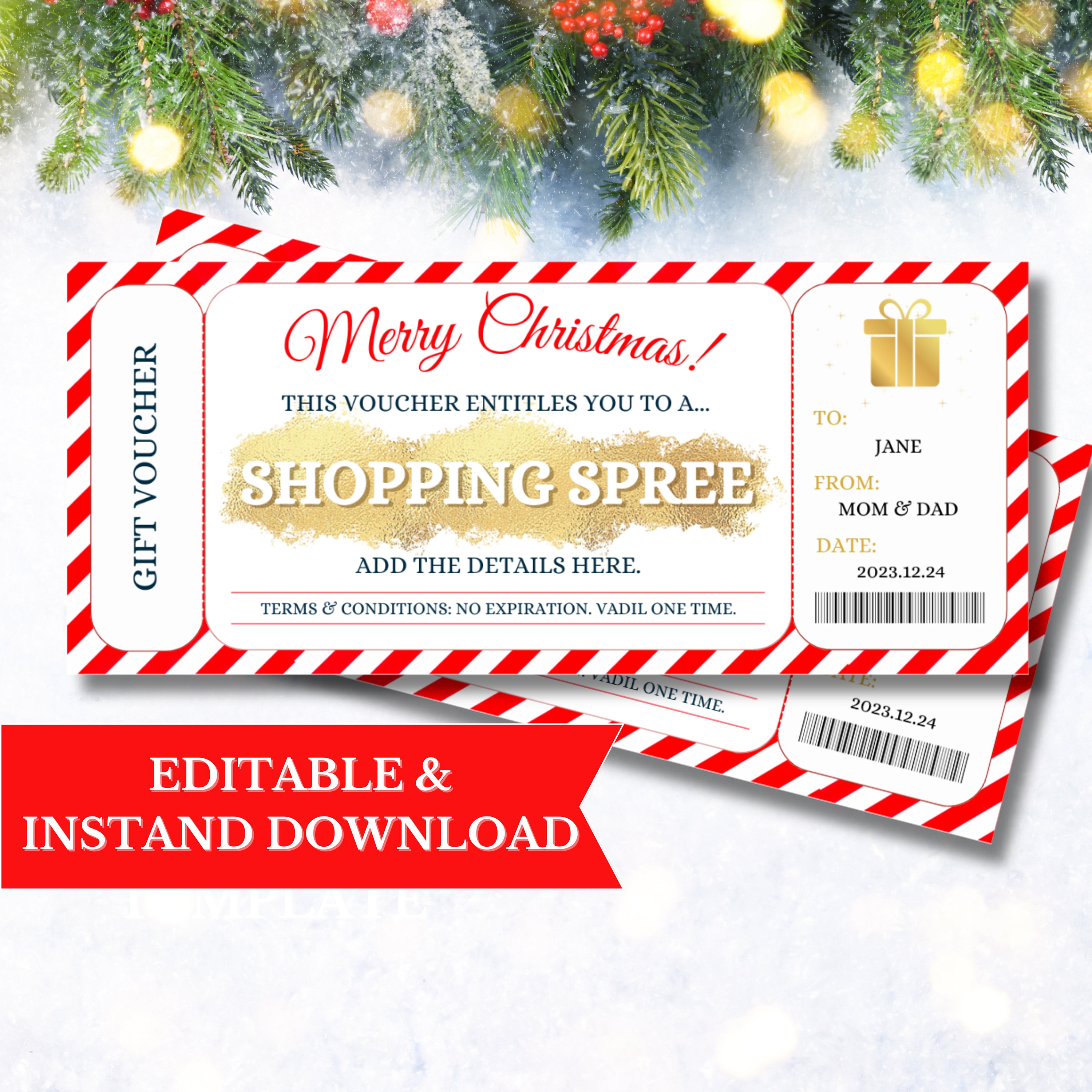 Christmas Shopping Spree Card Printable Voucher Template - Etsy