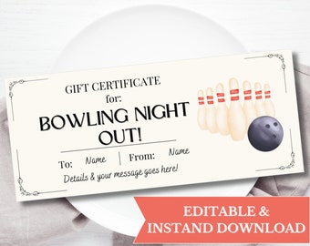 Bowling Night Out Gift Printable Voucher, Bowling Gift Certificate Template, Surprise Birthday Last Minute Gift, Sport Ticket For Father