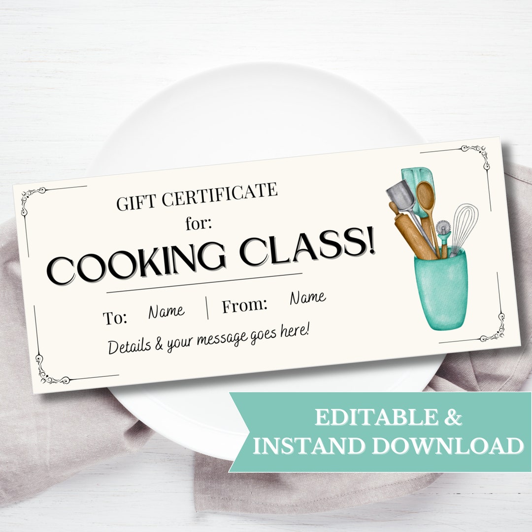 Cooking Class Gift Certificate Template, Gift for Foodie Voucher Cooking Class Gift Certificate Template, Gift for Foodie Voucher