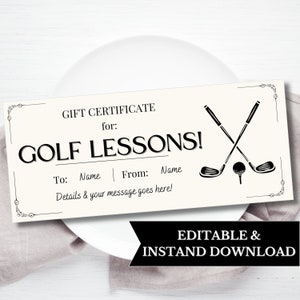 Bon de billet de cours de golf personnalisé imprimable, chèque-cadeau de golf surprise fête des pères, cadeaux de golf de retraite pour homme, modèle modifiable