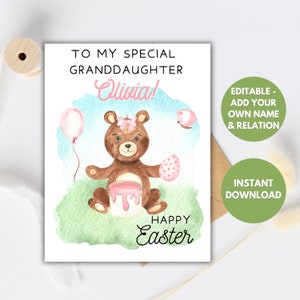 Personalisierte Osterkarte für Mädchen mit Bär, anpassbarer Ostergruß für Enkelin, Nichte, druckbare Osterkinder von Großeltern