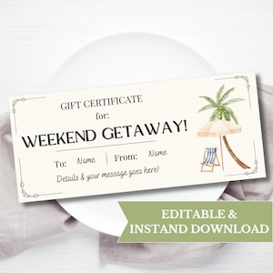 Weekend Getaway Gift Voucher Printable, Weekend Away Gift Coupon Template, Trip Reveal Gift Certificate, Canva Editable Travel Voucher