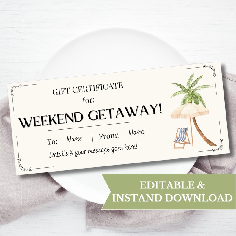 Weekend Getaway Gift Voucher Printable, Weekend Away Gift Coupon Weekend Getaway Gift Voucher Printable, Weekend Away Gift Coupon