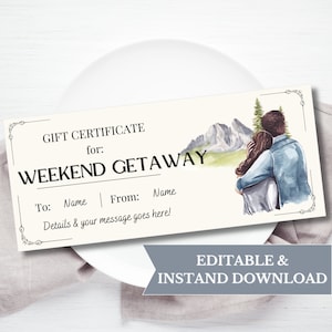 Weekend Getaway Gift Coupon Template, Weekend Away Voucher Printable, Last Minute Gift, Personalized Vacation Certificate, Trip Voucher