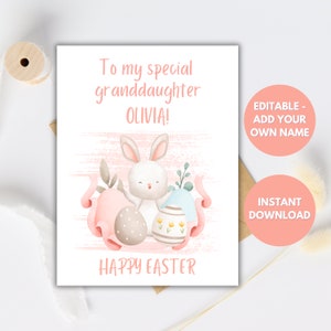 Carte personnalisée de joyeuses Pâques pour petite-fille, carte de Pâques lapin, impression à la maison, carte téléchargeable - nièce, fille, grands-parents