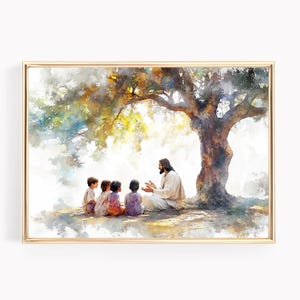 Jesus lehrt vier Jungen Druck, HLT Kinder Schrift Kunst, Christus und Kinder Poster, Junge Männer Evangelium Unterricht, HLT Junge Wand Dekor Geschenk P371