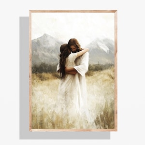 Jesus and LDS Woman Hugging, Heaven Reunion Art, Memorial Gift for Christian Woman, Loss of Missionary Tribute Printable Download Gift P412