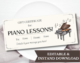 Vale de regalo para lecciones de piano imprimible, plantilla de certificado de regalo de piano, cupón de regalo editable para profesores de piano, regalos de cumpleaños sorpresa para hombres