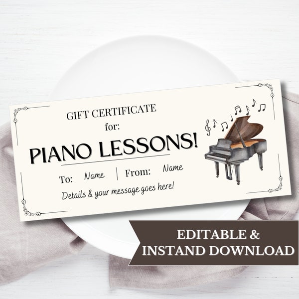 Piano Lessons Gift Voucher Printable, Piano Gift Certificate Template, Piano Teacher Gift Coupon Editable, Surprise Birthday Gifts For Men