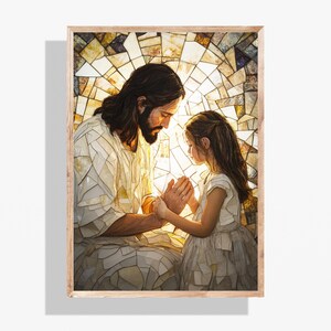Jesus segurando a oração de uma criança, arte cristã para impressão, presente de batismo de menina SUD, impressão digital de parede para oração com Jesus, ensino fundamental P359