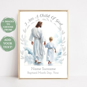 Ricordo personalizzato del battesimo LDS regalo di battesimo ragazzo, Gesù con ragazzo biondo, sono un figlio di Dio stampa data e nome personalizzati arte murale BG07 6