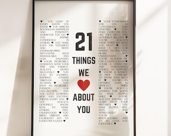 Cadeau 21e anniversaire pour elle ou pour lui, affiche personnalisée 21 choses que nous aimons chez vous, cadeau pour soeur, fille, meilleure amie, cadeau 21e unique P110