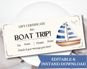 Cupón imprimible para viaje en barco de cumpleaños, plantilla de boleto para viaje en barco, tarjeta de embarque para barco, regalo para barco, cupón para viaje en barco, revelación de viaje sorpresa