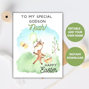 Tarjeta de Pascua imprimible personalizable para niños, regalo de tarjeta de Pascua feliz para ahijado, nieto, sobrino - Imprimir en casa, Descarga instantánea