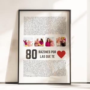 Regalo 80 Cumpleaños Mujer Hombre, Póster Personalizado 80 Razones Te Queremos, Idea Original Abuela Abuelo Nonna 80 Años P151