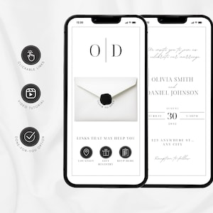 Plantilla minimalista de invitación de boda por teléfono en blanco y negro, invitación animada con clic, RSVP, mapa de ubicación y lista de regalos WI21