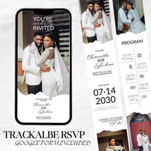 Invitación electrónica interactiva de boda con formulario de confirmación de asistencia, enlaces a mapas, lista de regalos, cronología y fotos animadas. Invitación de boda digital móvil WI42.